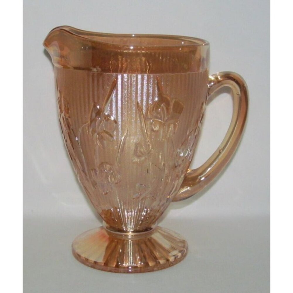 Jeannette Glass IRIS AND HERRINGBONE Marigold Iridescent Large Ftd Water Pitcher